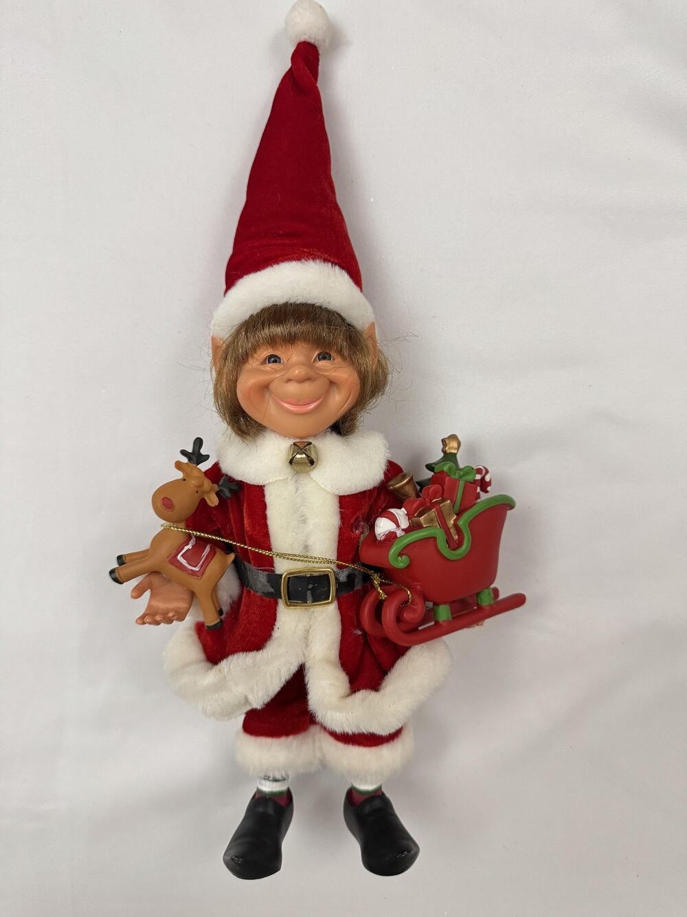 Karen Didion Originals Elf Santa Figurine 15" Red Christmas Sleigh Reindeer